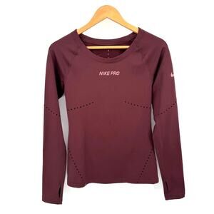 Nike Womens Pro Hyperwarm Long Sleeve Shirt Ventilated Fitted Maroon Size Small